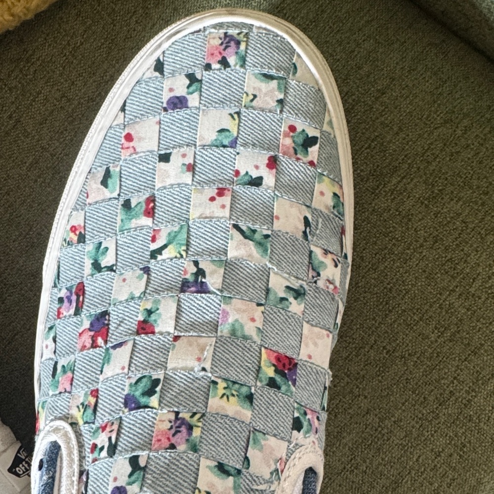 Vans Floral Checkered Slip-On Sneakers - Blue and White womens size 10 platform - Picture 4 of 5